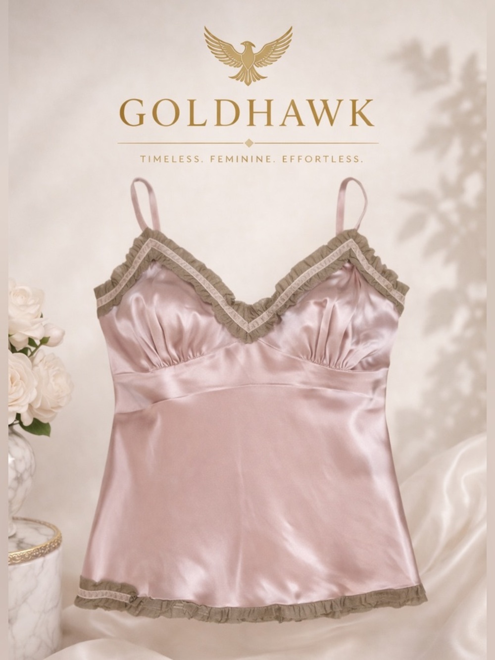 NWT Gold Hawk 100% Washable Silk Lace Trim Camisole Mauve Shadow Size L